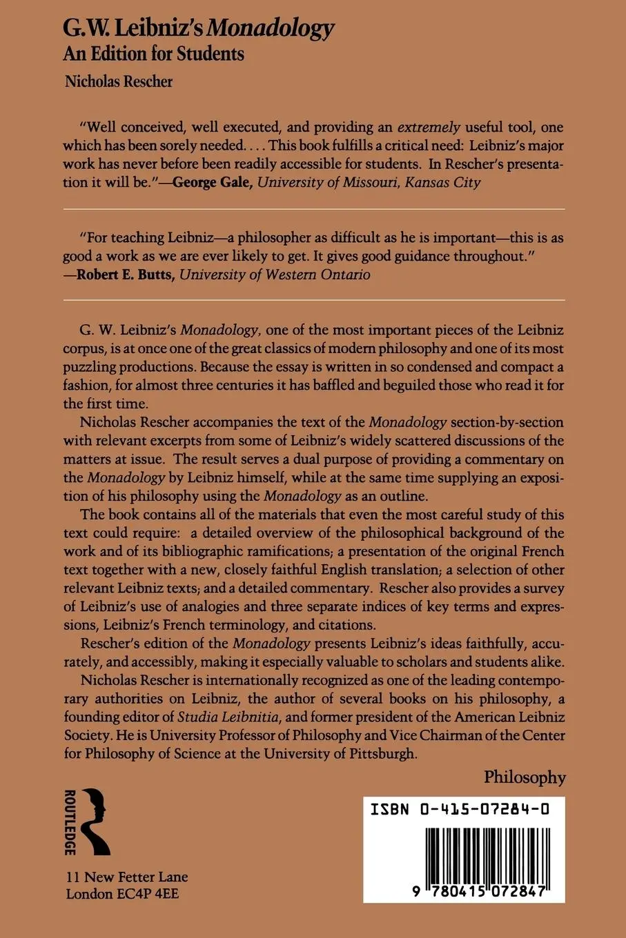 Rückseite: 9780415072847 | G.W. Leibniz's Monadology | Nicholas Rescher | Taschenbuch | Englisch
