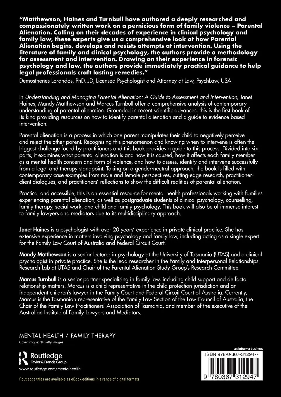Rückseite: 9780367312947 | Understanding and Managing Parental Alienation | Janet Haines (u. a.)