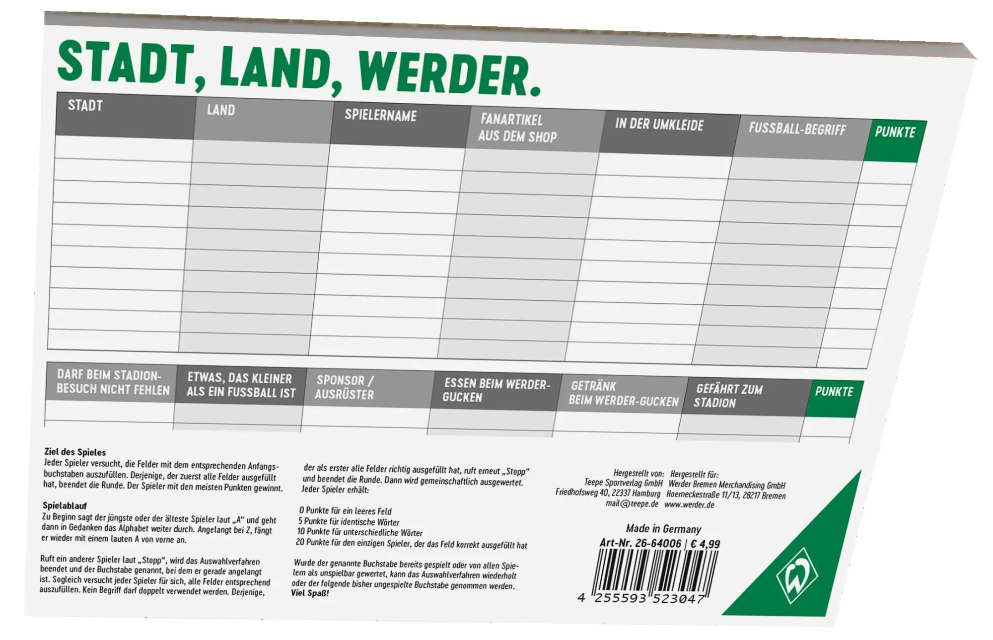 Cover: 4255593523047 | WERDER Stadt Land | 30 Minuten, 2-6 Spieler | Spiel | WERSL | Deutsch