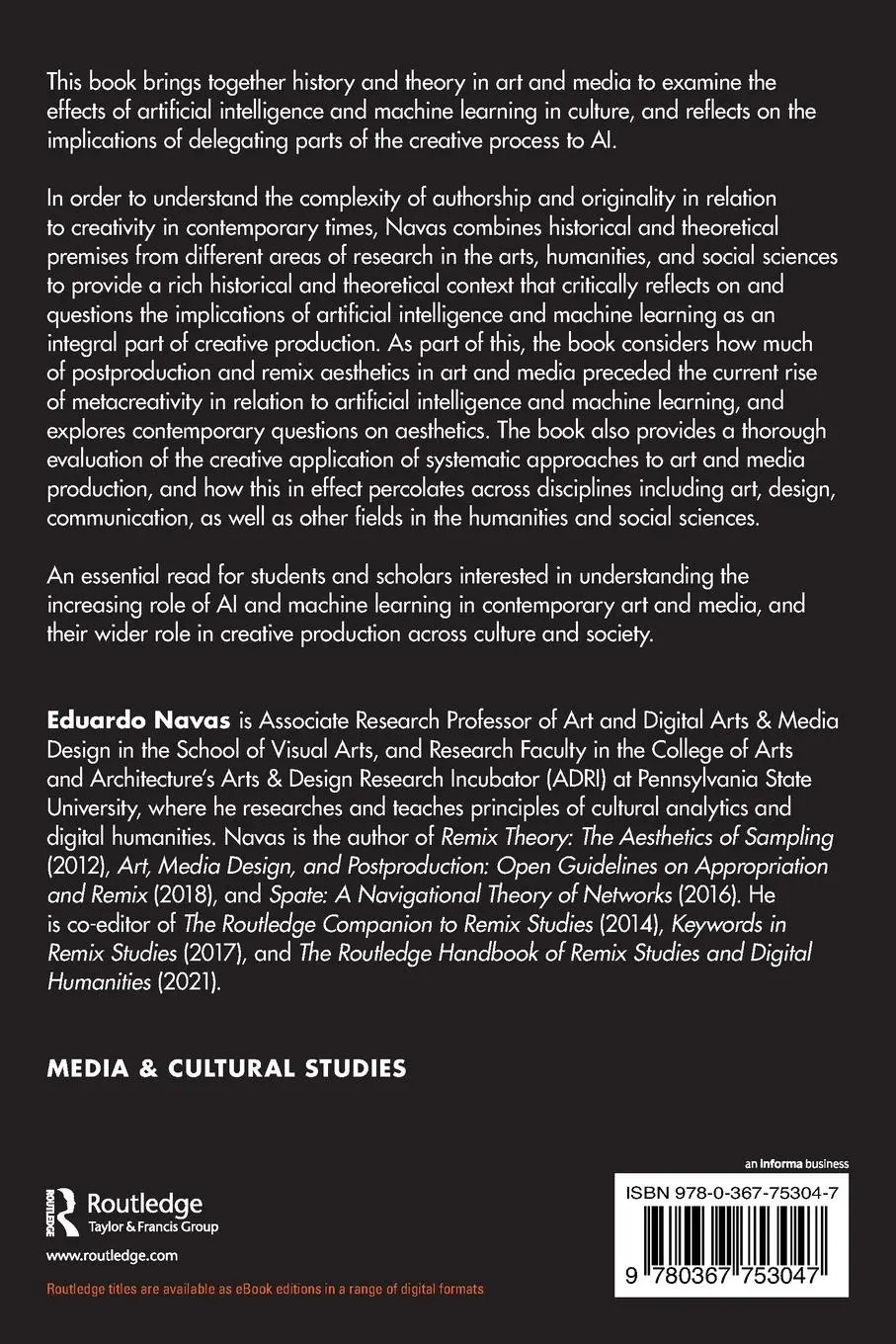 Rückseite: 9780367753047 | The Rise of Metacreativity | AI Aesthetics After Remix | Eduardo Navas