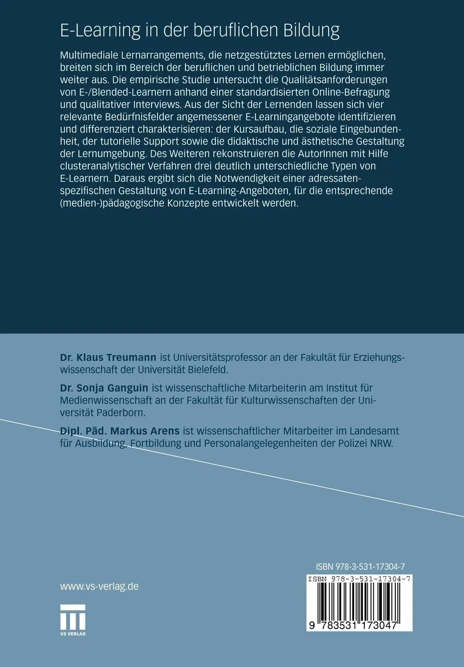 Rückseite: 9783531173047 | E-Learning in der beruflichen Bildung | Klaus Peter Treumann (u. a.)