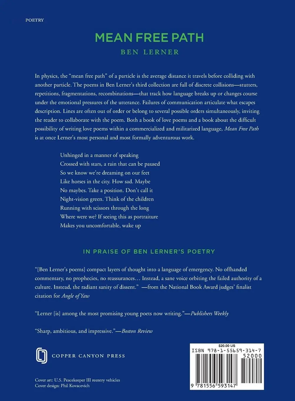 Rückseite: 9781556593147 | Mean Free Path | Ben Lerner | Taschenbuch | Englisch | 2010