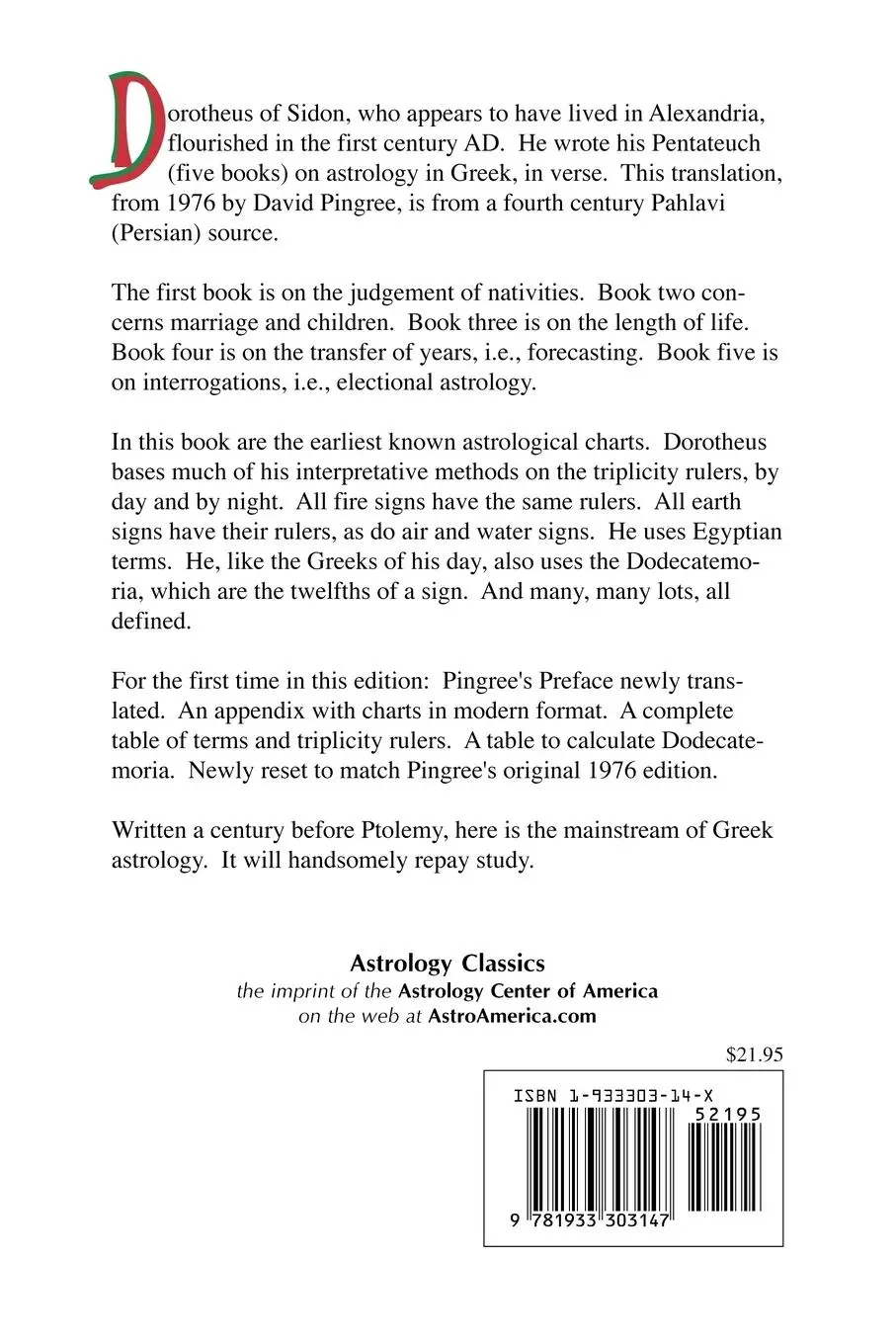 Rückseite: 9781933303147 | Carmen Astrologicum | Of Sidon Dorotheus of Sidon (u. a.) | Buch