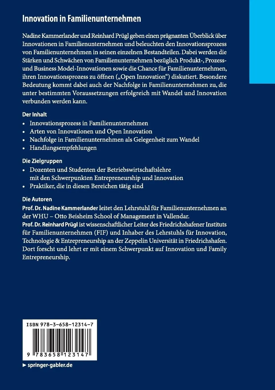 Rückseite: 9783658123147 | Innovation in Familienunternehmen | Reinhard Prügl (u. a.) | Buch