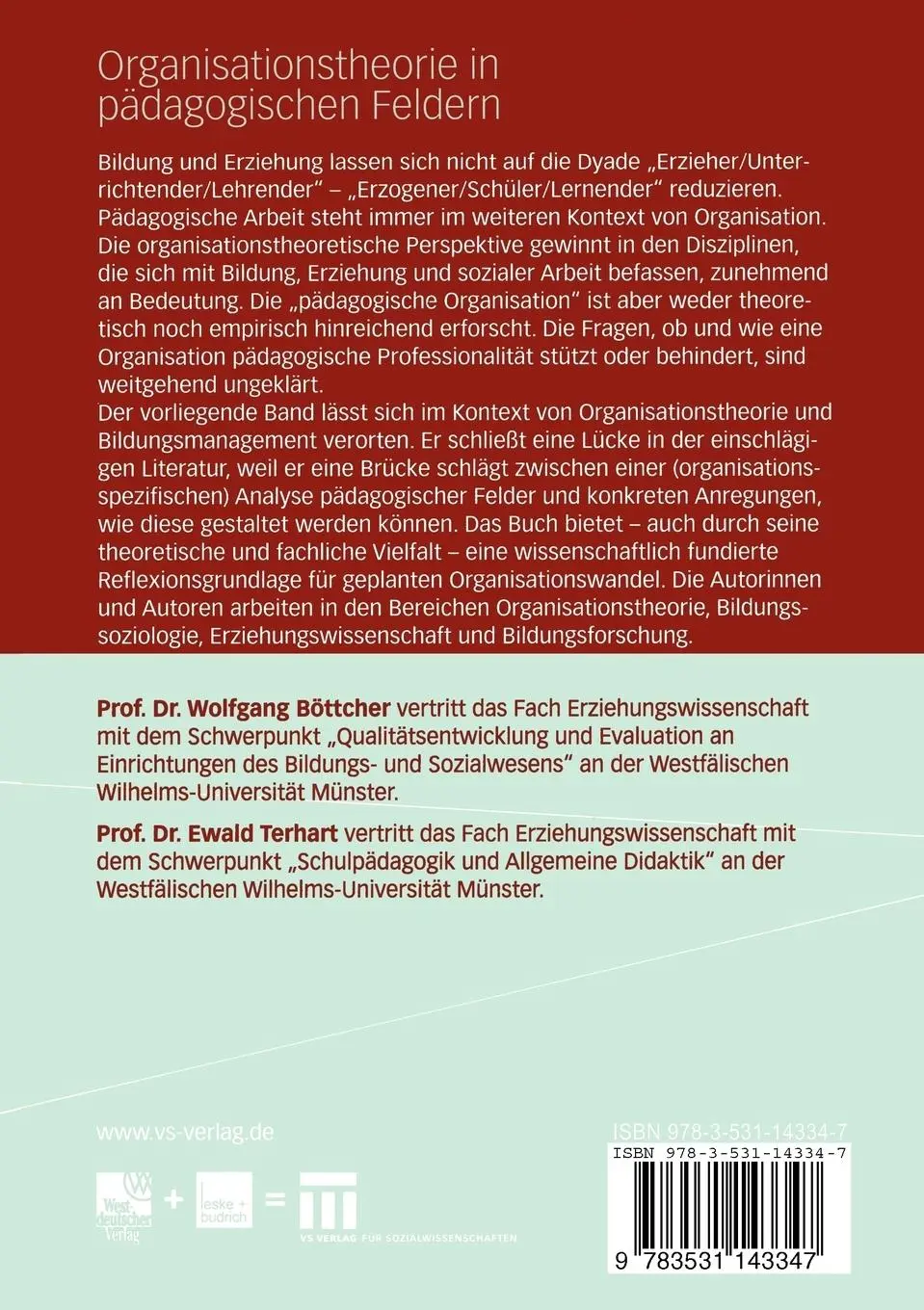 Rückseite: 9783531143347 | Organisationstheorie in pädagogischen Feldern | Analyse und Gestaltung