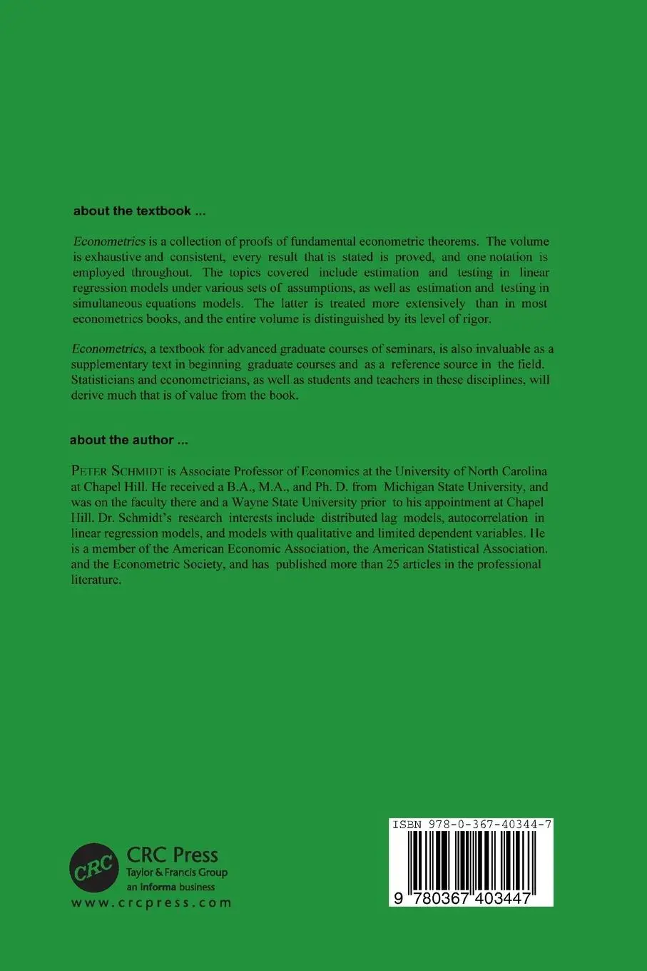 Rückseite: 9780367403447 | Econometrics | Peter Schmidt | Taschenbuch | Englisch | 2019