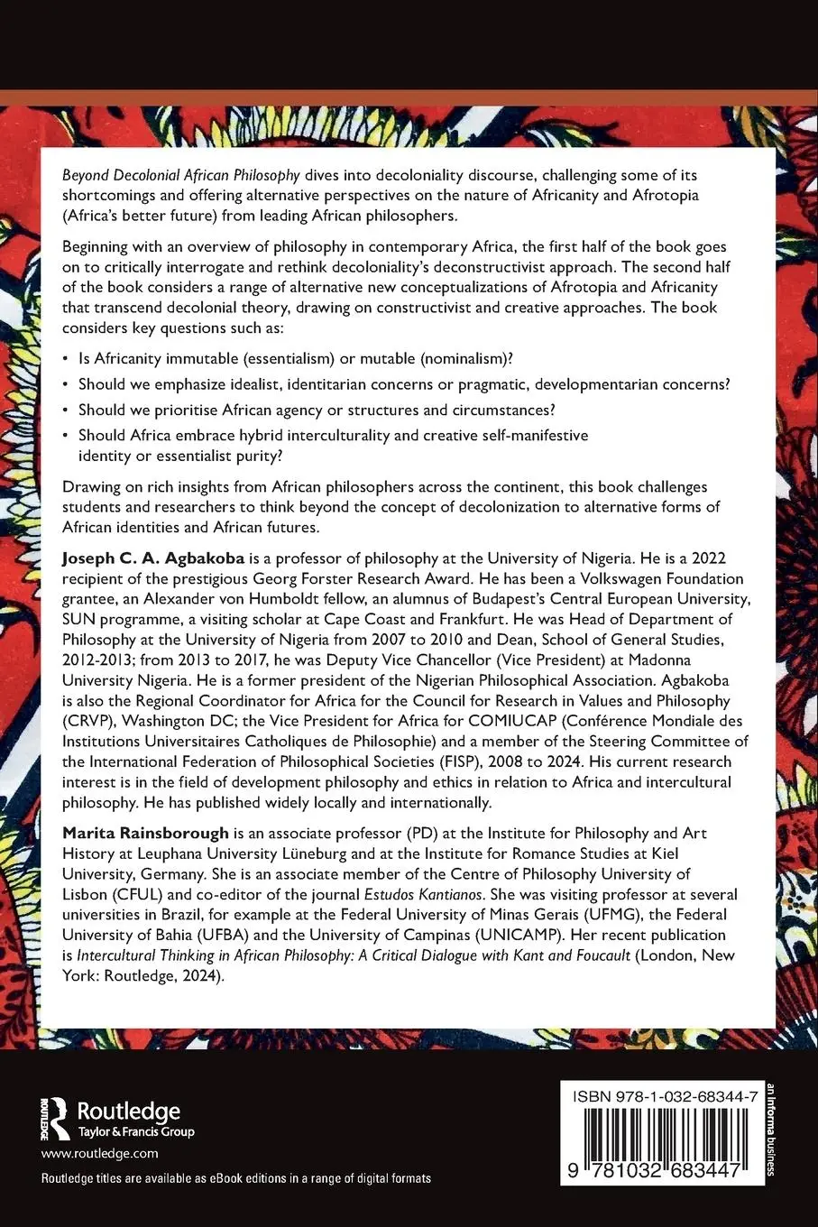 Rückseite: 9781032683447 | Beyond Decolonial African Philosophy | Joseph C. A. Agbakoba (u. a.)