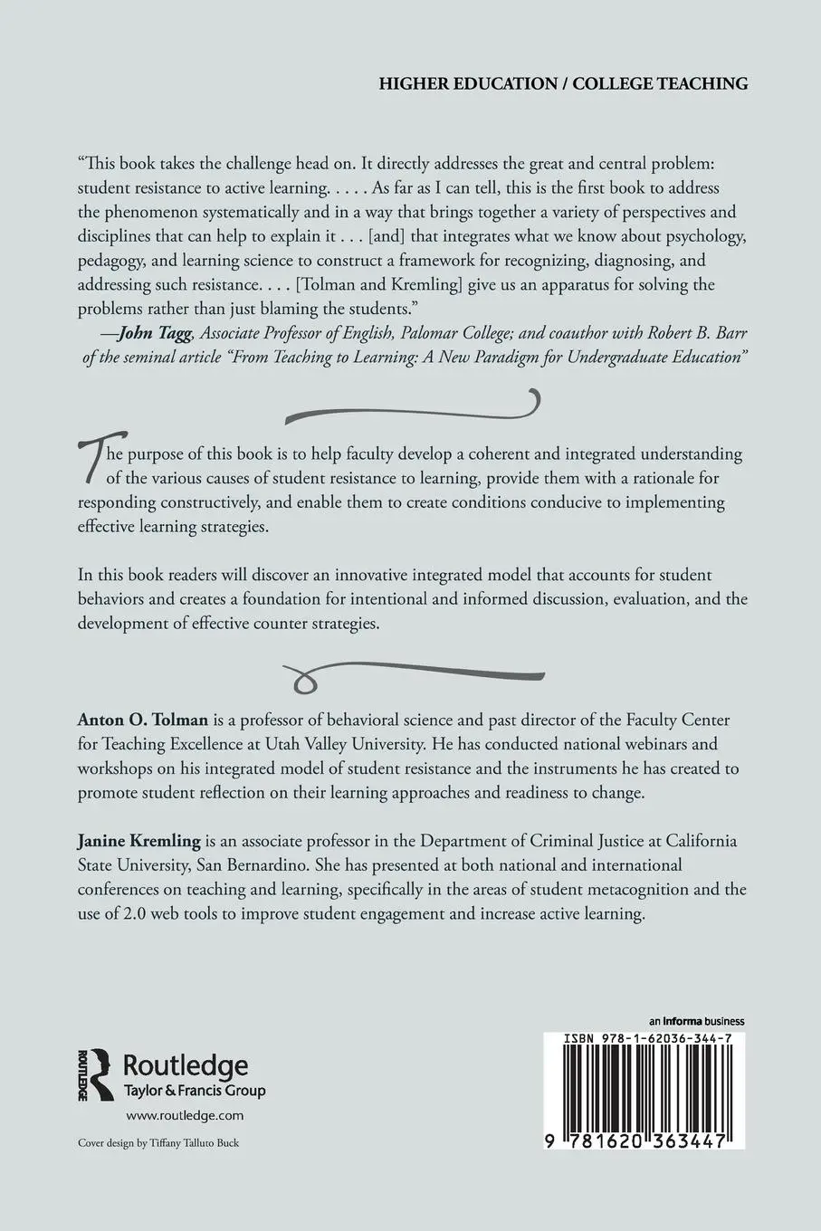Rückseite: 9781620363447 | Why Students Resist Learning | Anton O. Tolman (u. a.) | Taschenbuch