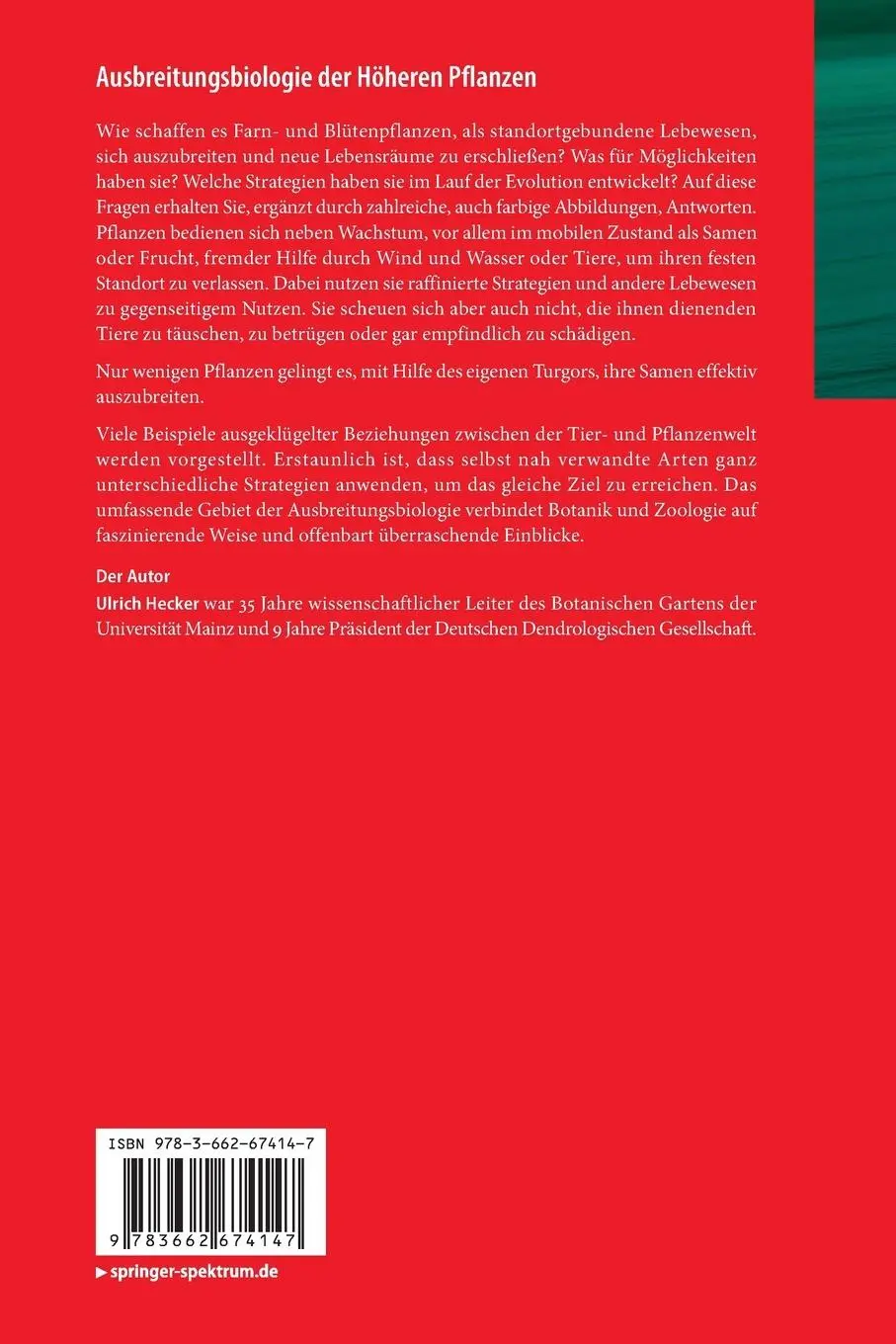 Rückseite: 9783662674147 | Ausbreitungsbiologie der Höheren Pflanzen | Ulrich Hecker | Buch | vi