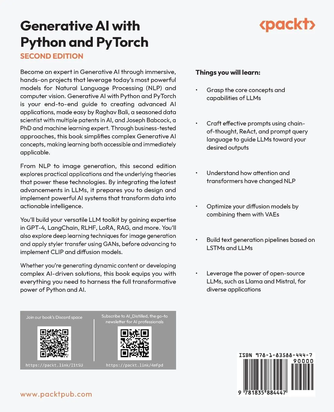 Rückseite: 9781835884447 | Generative AI with Python and PyTorch - Second Edition | Taschenbuch