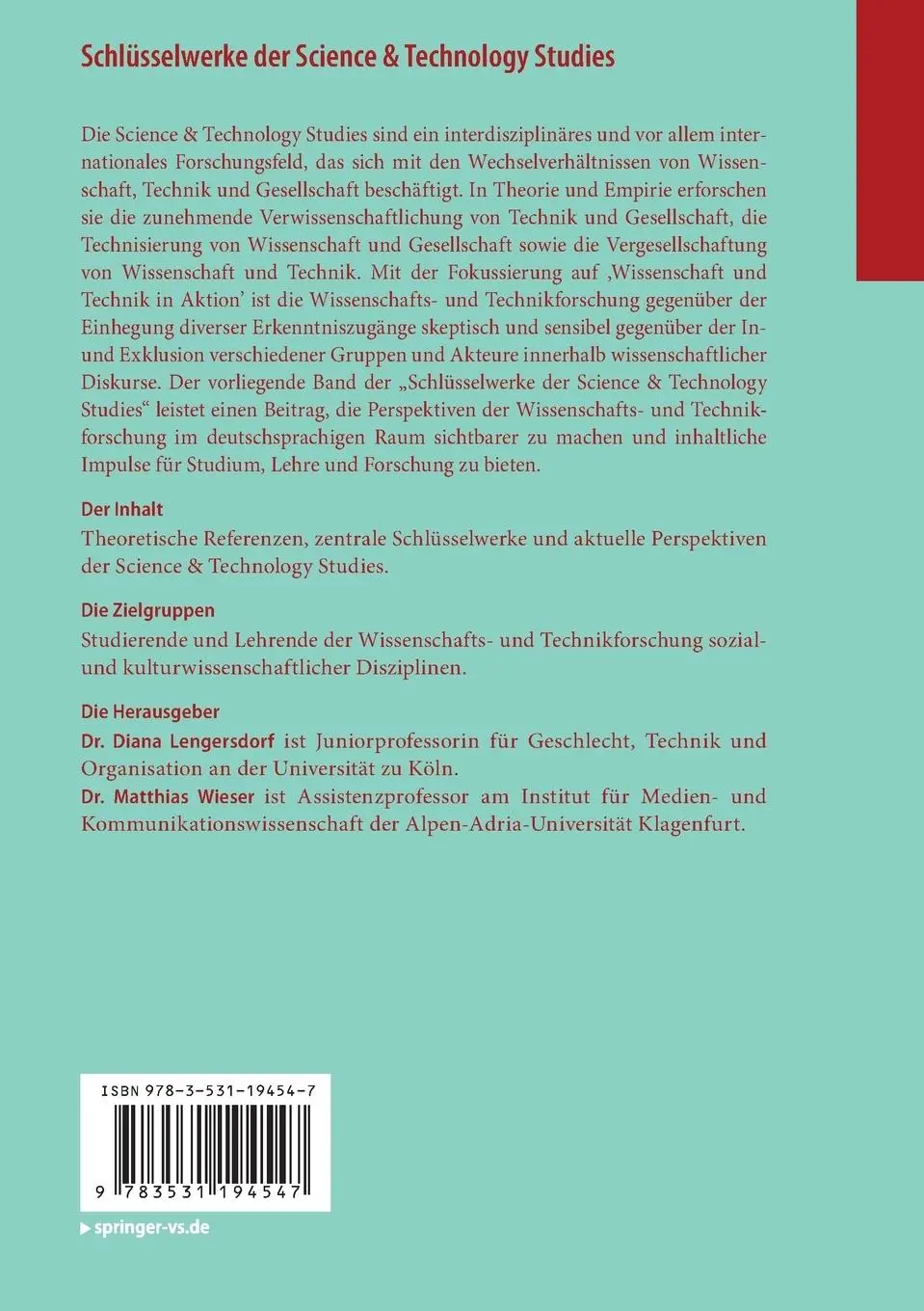 Rückseite: 9783531194547 | Schlüsselwerke der Science &amp; Technology Studies | Wieser (u. a.)