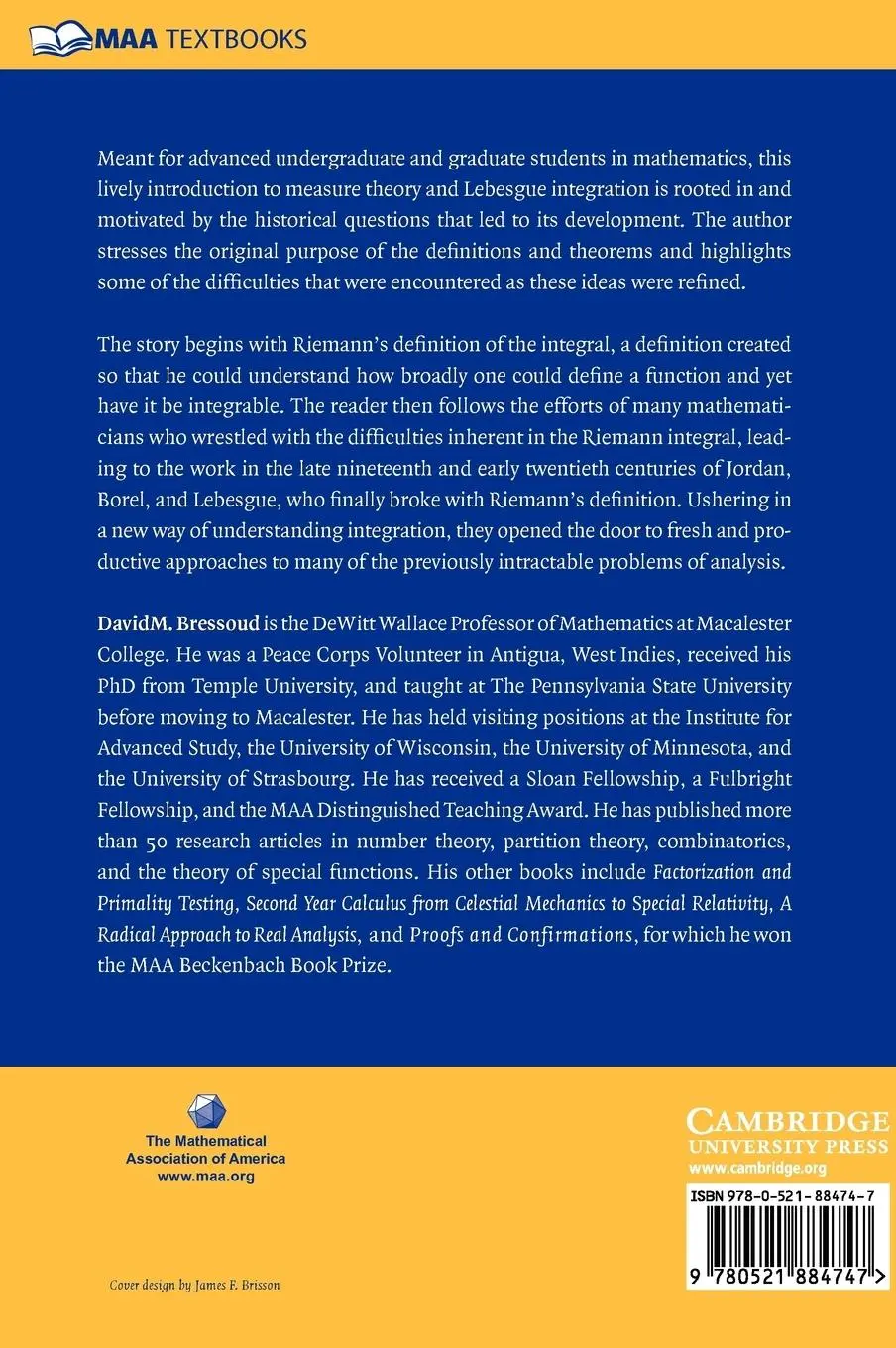 Rückseite: 9780521884747 | A Radical Approach to Lebesgue's Theory of Integration | Bressoud