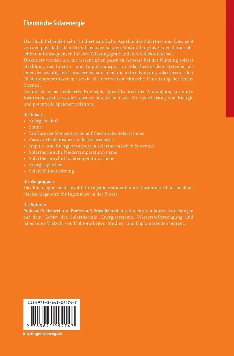 Rückseite: 9783642294747 | Thermische Solarenergie | Grundlagen, Technologie, Anwendungen | Buch