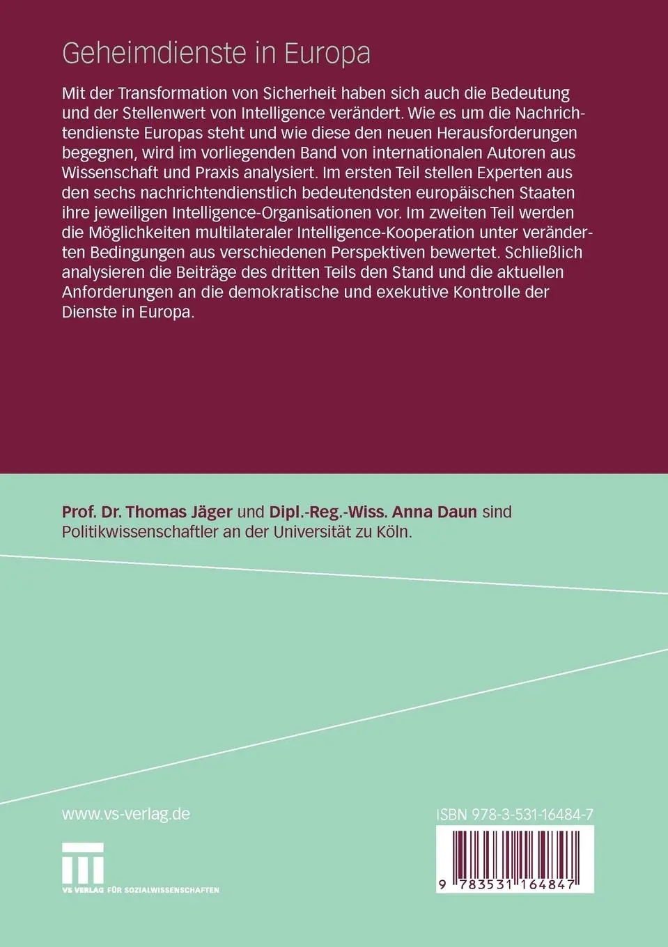 Rückseite: 9783531164847 | Geheimdienste in Europa | Transformation, Kooperation und Kontrolle