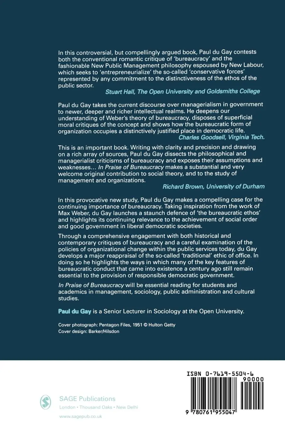 Rückseite: 9780761955047 | In Praise of Bureaucracy | Weber - Organization - Ethics | Gay (u. a.)