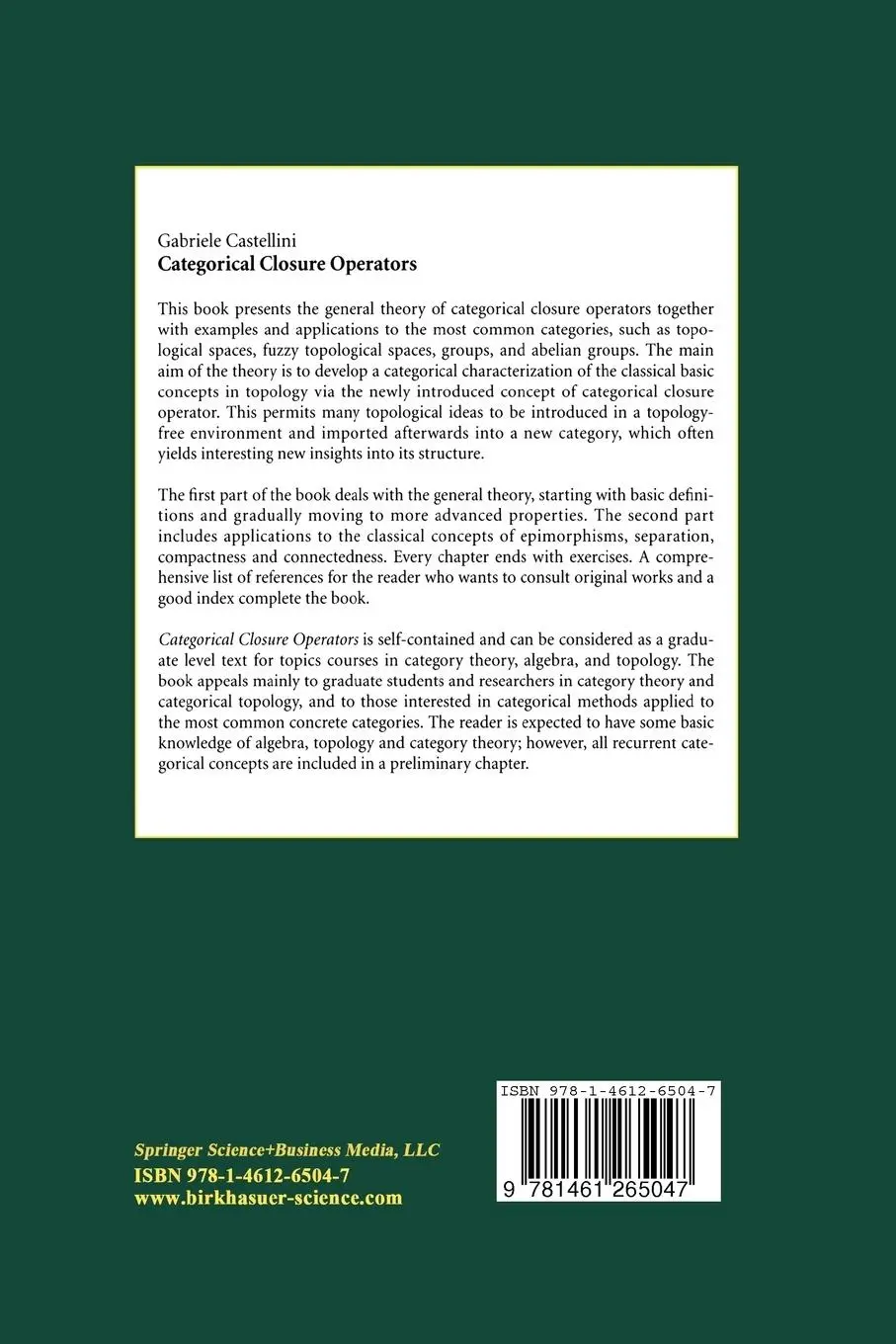 Rückseite: 9781461265047 | Categorical Closure Operators | Gabriele Castellini | Taschenbuch