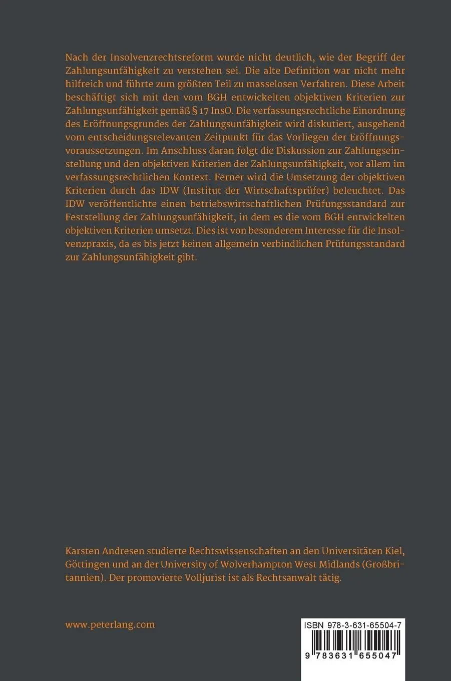 Rückseite: 9783631655047 | Die objektiven Kriterien der Zahlungsunfähigkeit nach der...