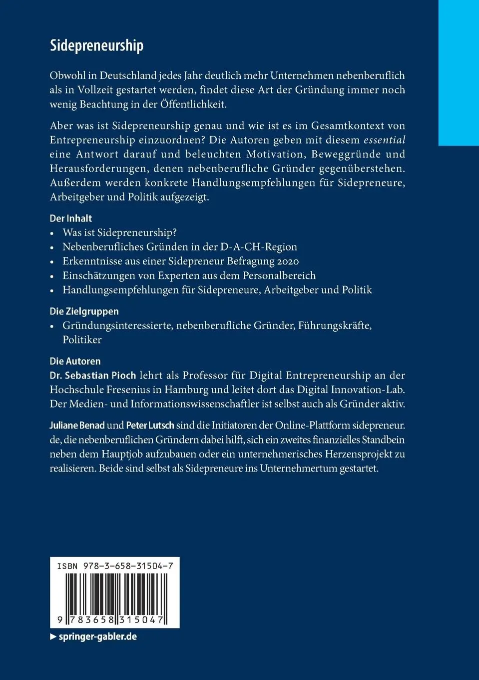 Rückseite: 9783658315047 | Sidepreneurship | Nebenberufliches Unternehmertum - eine Einführung