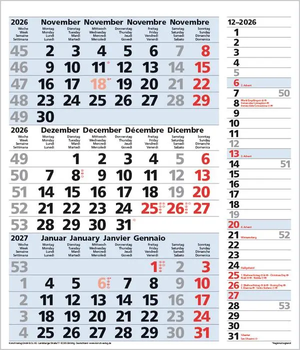 Bild: 9783731885047 | 3-Monats-Planer Combi Blau 2026 | Verlag Korsch | Kalender | 12 S.