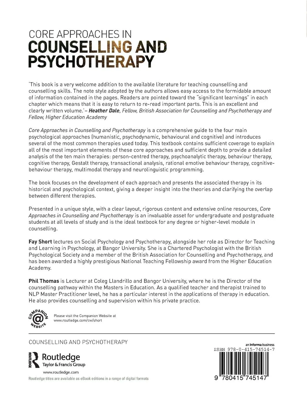 Rückseite: 9780415745147 | Core Approaches in Counselling and Psychotherapy | Fay Short (u. a.)