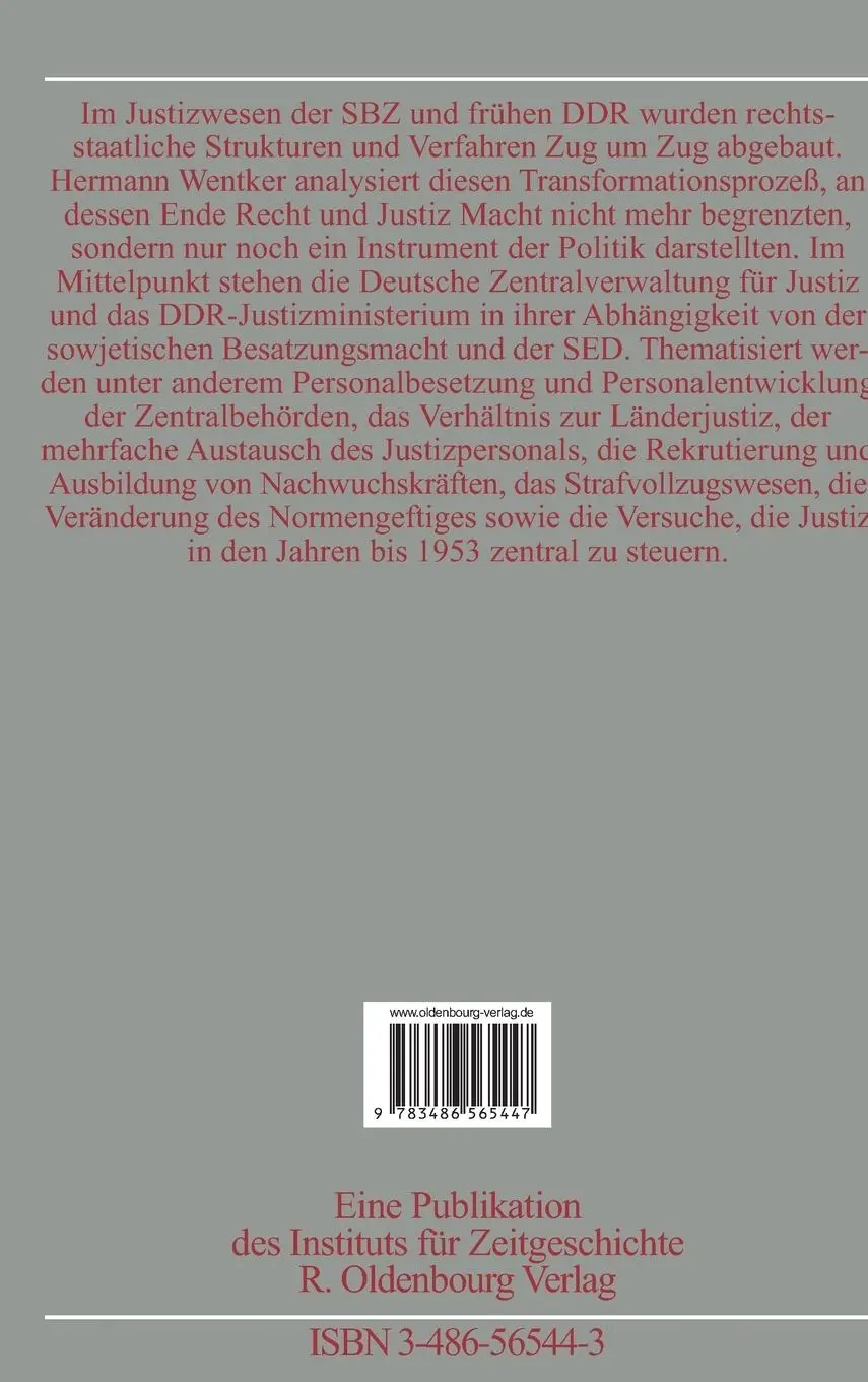 Rückseite: 9783486565447 | Justiz in der SBZ/DDR 1945-1953 | Hermann Wentker | Buch | XI | 2001