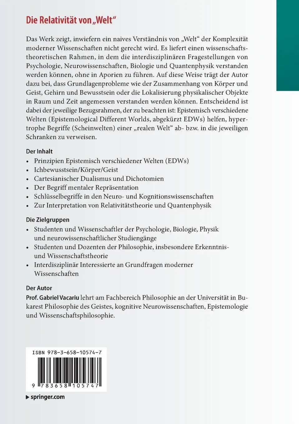 Rückseite: 9783658105747 | Die Relativität von "Welt" | Gabriel Vacariu | Taschenbuch | viii