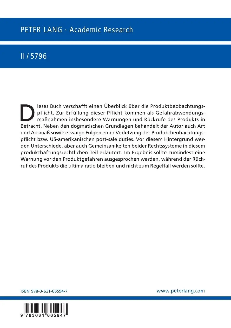 Rückseite: 9783631665947 | Die Produkthaftung im deutschen und US-amerikanischen Recht | Buch