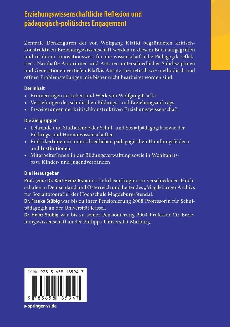 Rückseite: 9783658185947 | Erziehungswissenschaftliche Reflexion und pädagogisch-politisches...