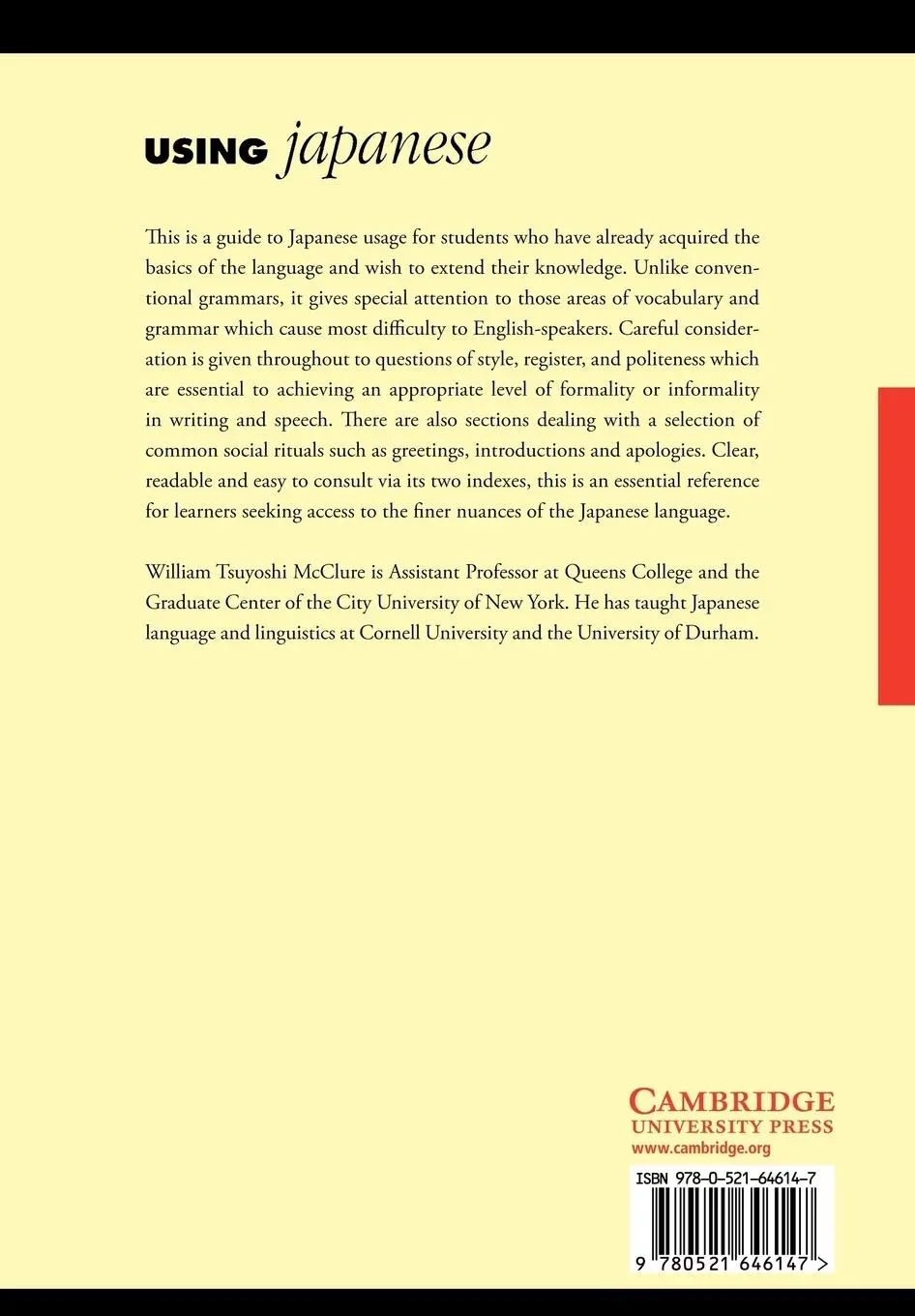 Rückseite: 9780521646147 | Using Japanese | A Guide to Contemporary Usage | Mcclure (u. a.)