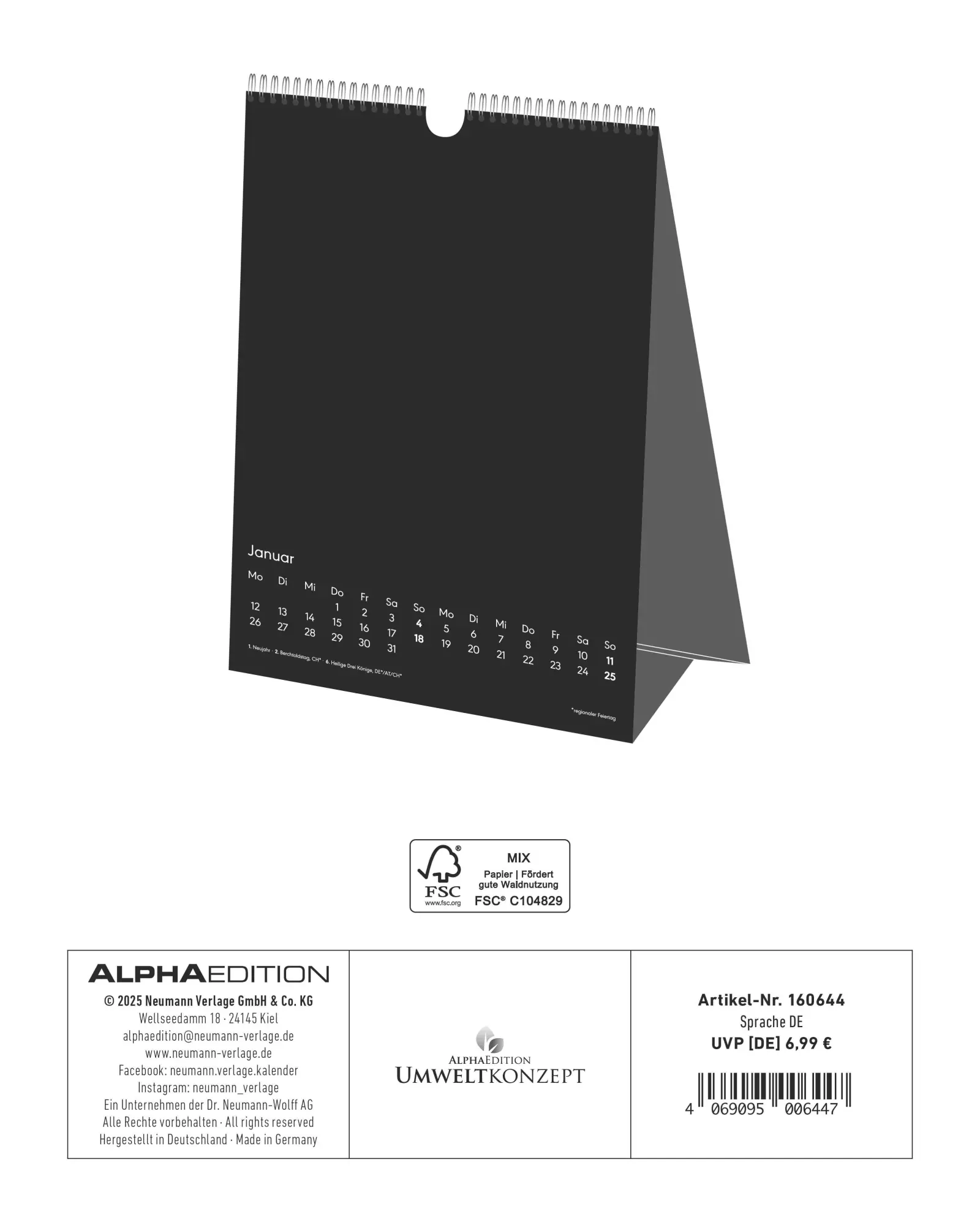Rückseite: 4069095006447 | Kreativ-Kalender Tischaufsteller hoch schwarz 2026 - 16 x 20 -...