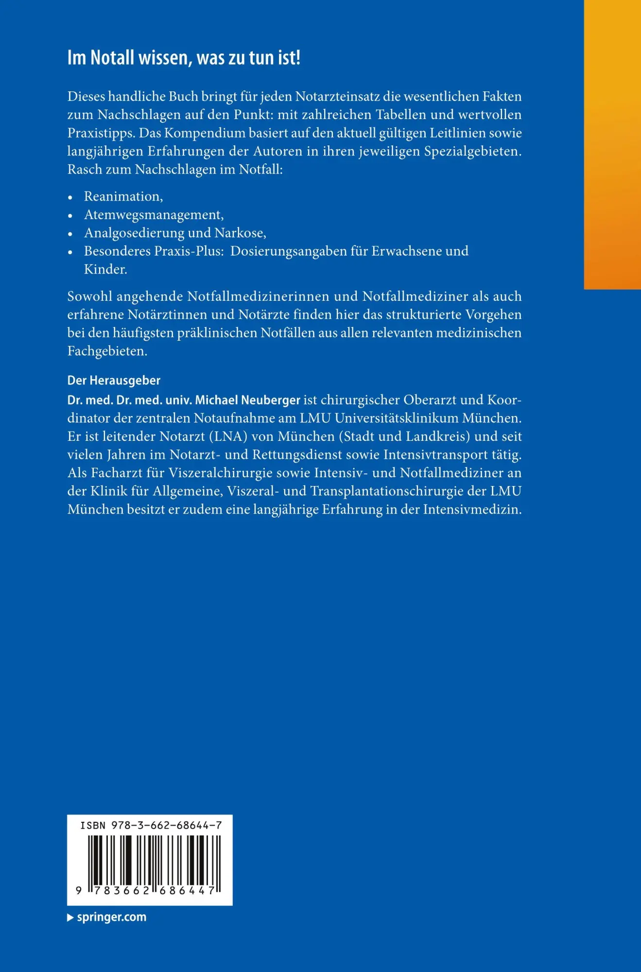 Rückseite: 9783662686447 | Notarzteinsatz | Das Wesentliche zum Nachschlagen | Michael Neuberger