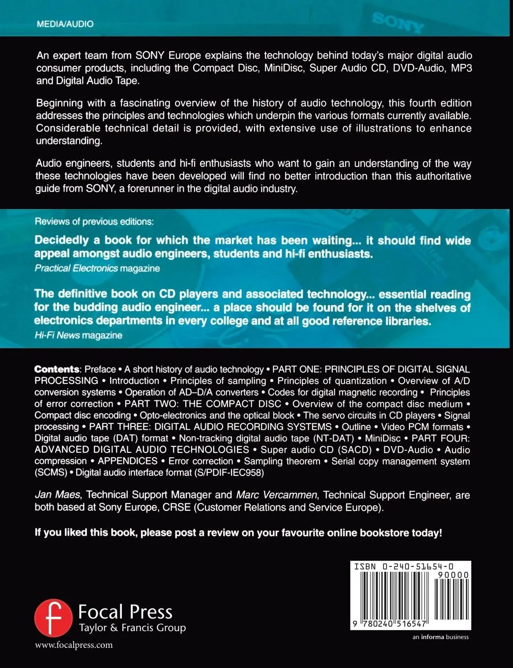 Rückseite: 9780240516547 | Digital Audio Technology | Jan Maes (u. a.) | Taschenbuch | Englisch