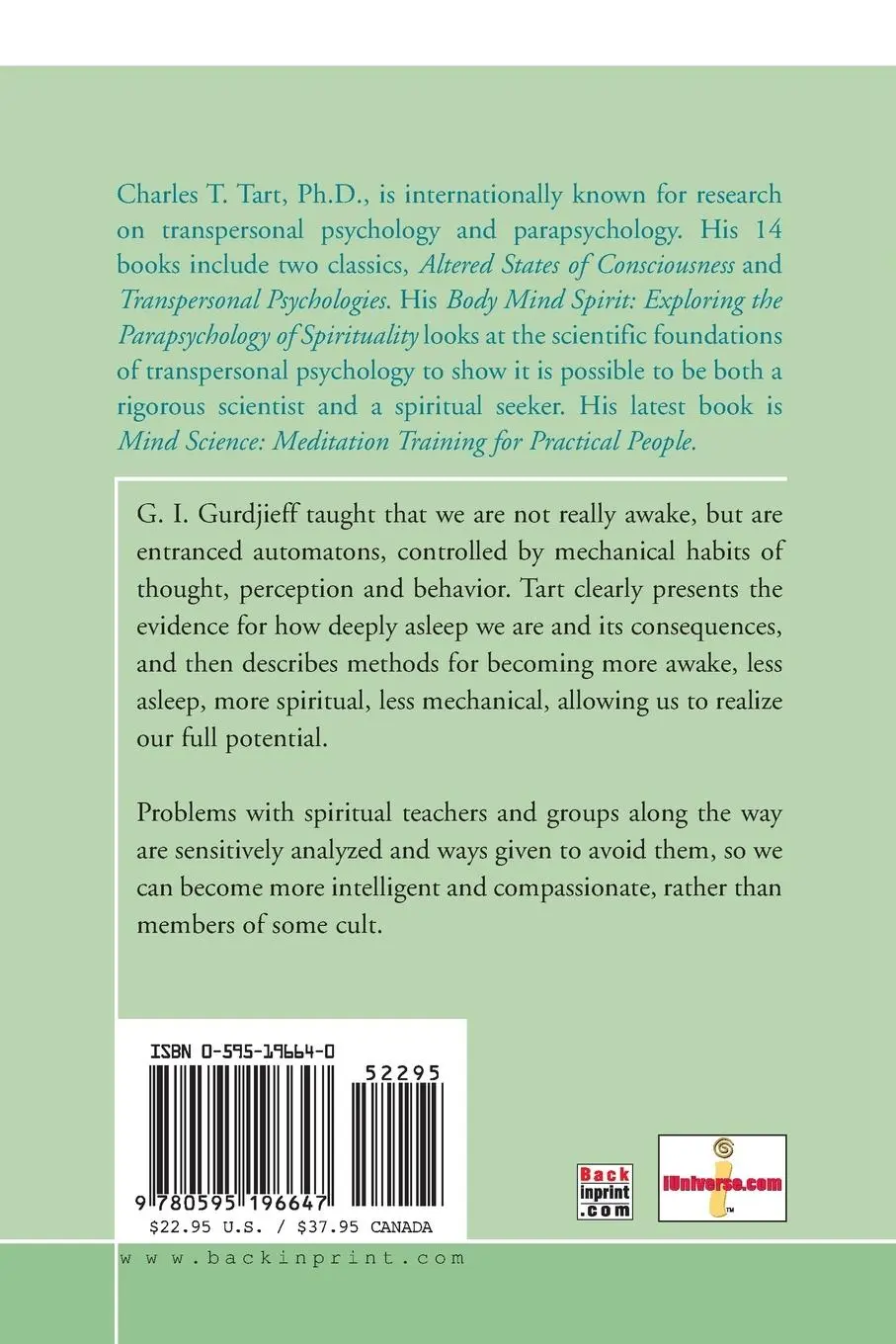 Rückseite: 9780595196647 | Waking Up | Overcoming the Obstacles to Human Potential | Tart | Buch
