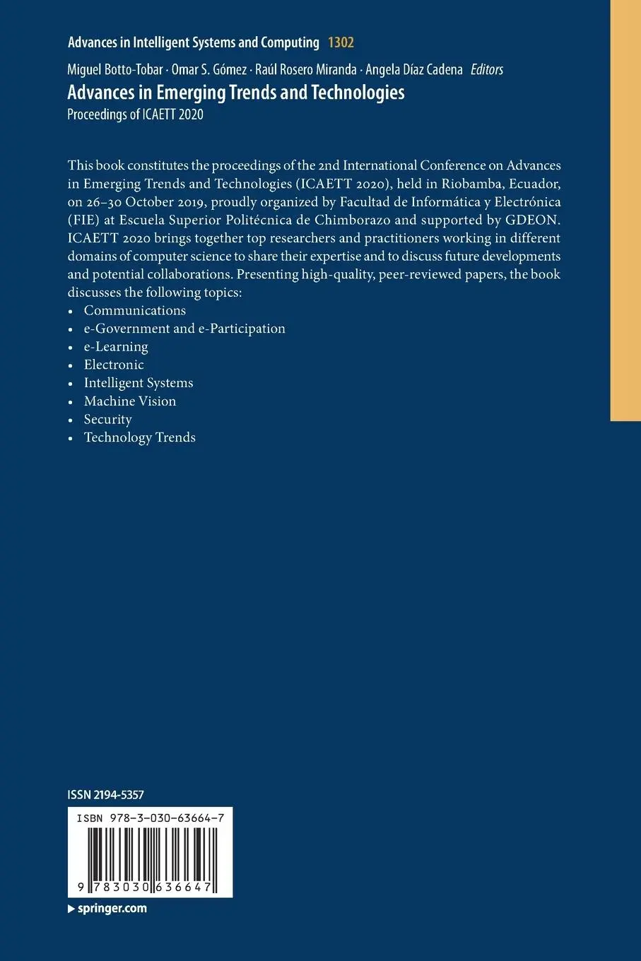 Rückseite: 9783030636647 | Advances in Emerging Trends and Technologies | Botto-Tobar (u. a.)
