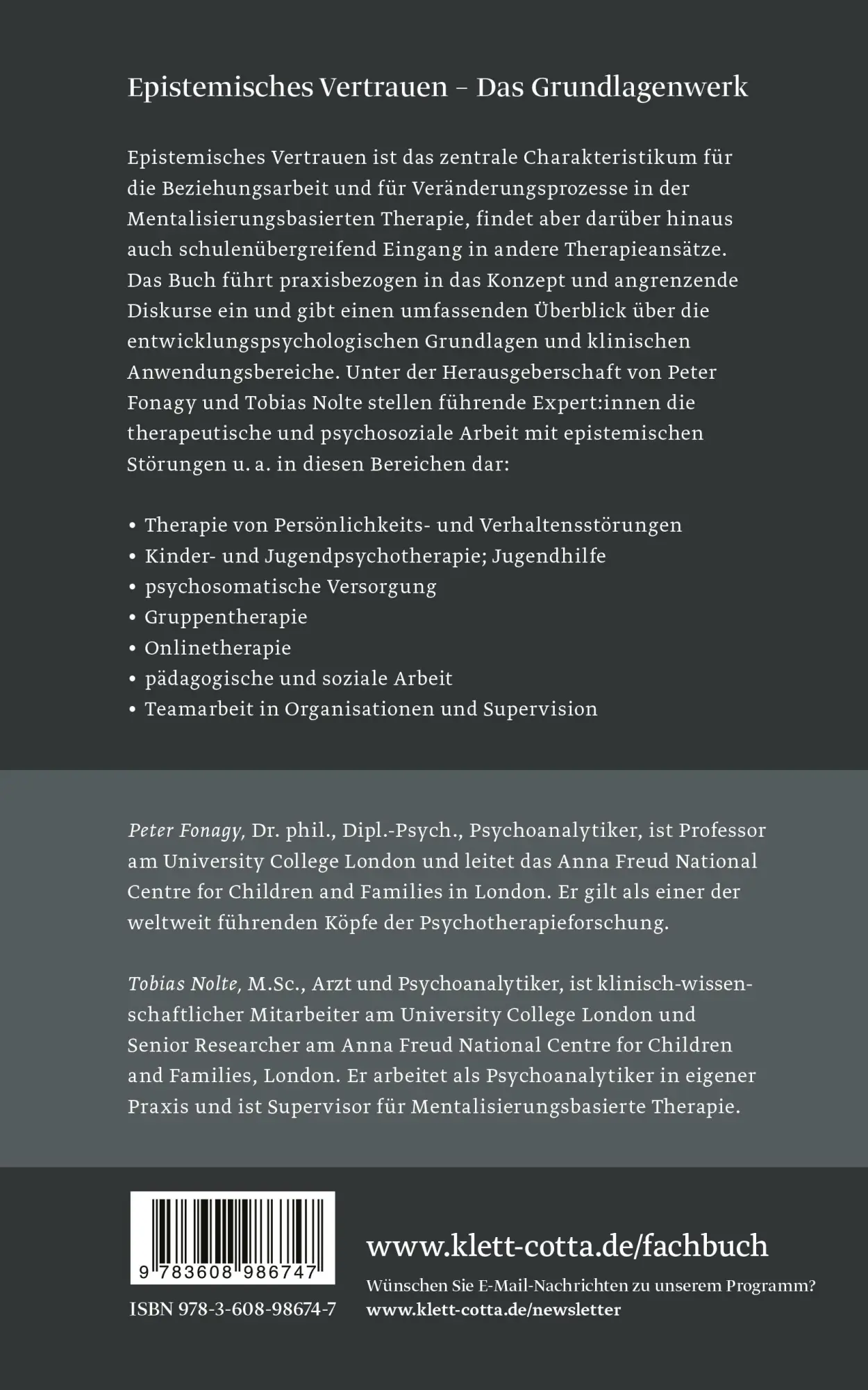 Rückseite: 9783608986747 | Epistemisches Vertrauen | Peter Fonagy (u. a.) | Buch | 464 S. | 2023