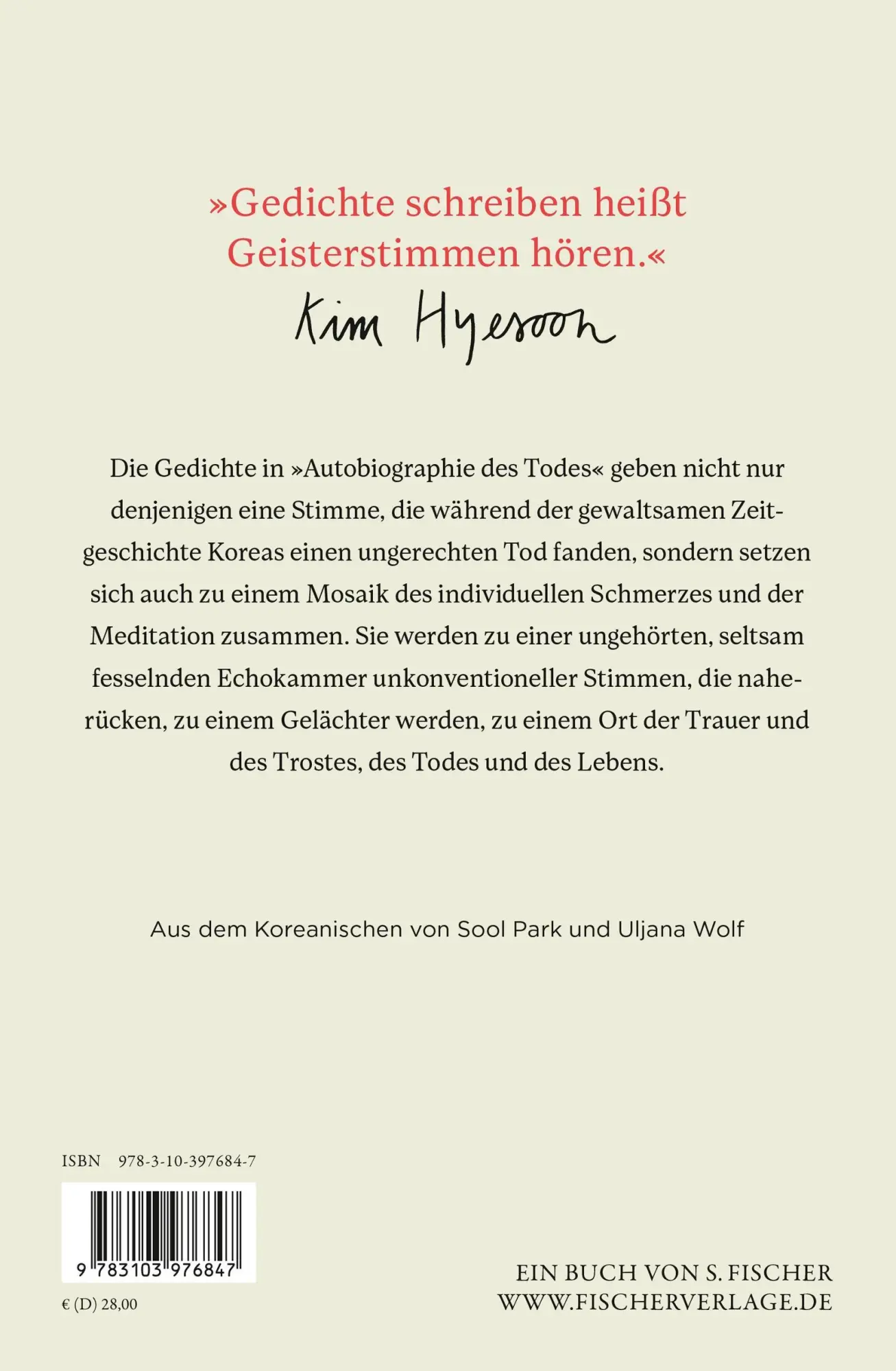 Rückseite: 9783103976847 | Autobiographie des Todes | Gedichte | Kim Hyesoon | Buch | 150 S.