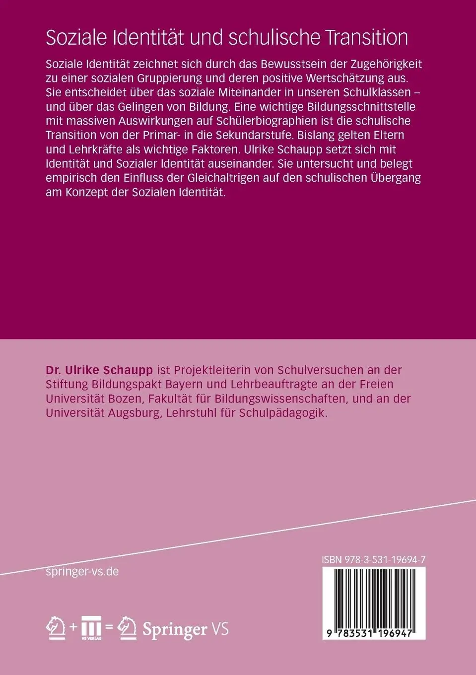 Rückseite: 9783531196947 | Soziale Identität und schulische Transition | Ulrike Schaupp | Buch