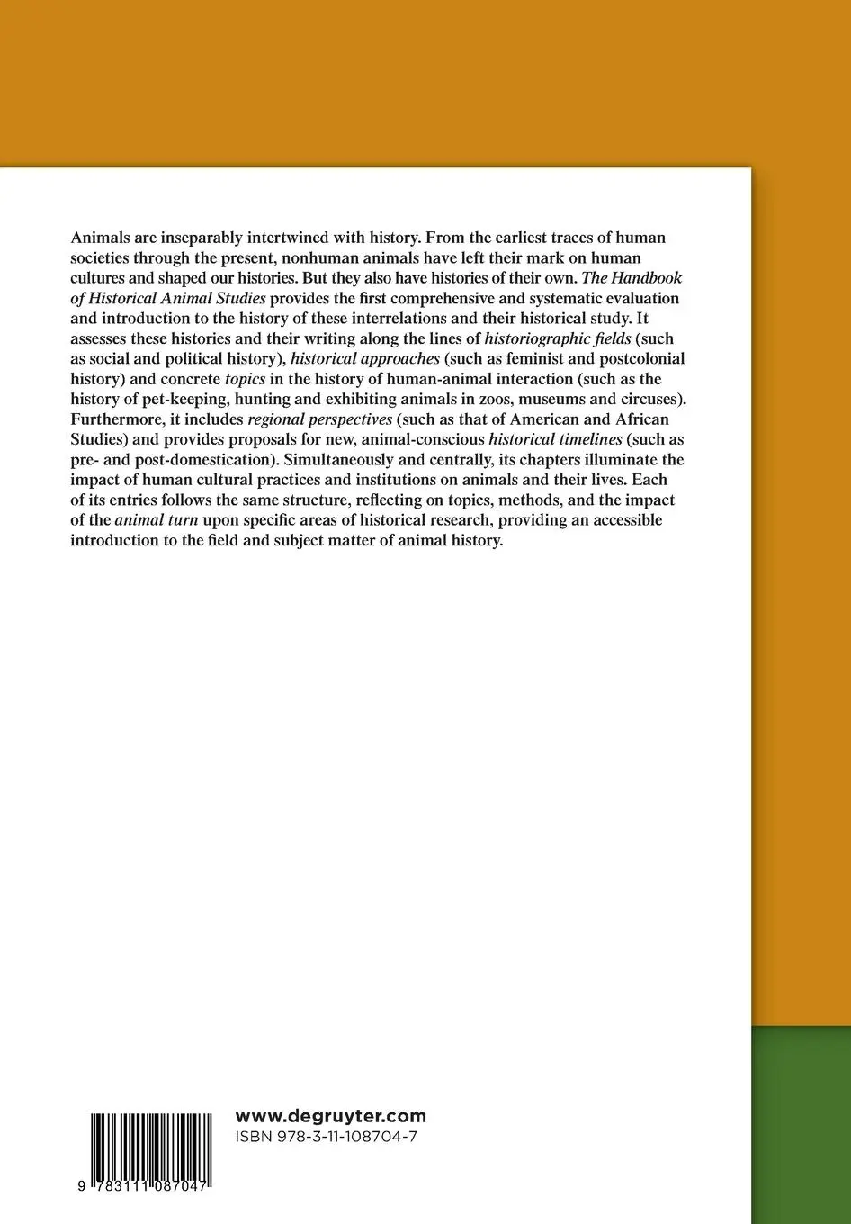 Rückseite: 9783111087047 | Handbook of Historical Animal Studies | Mieke Roscher (u. a.) | Buch