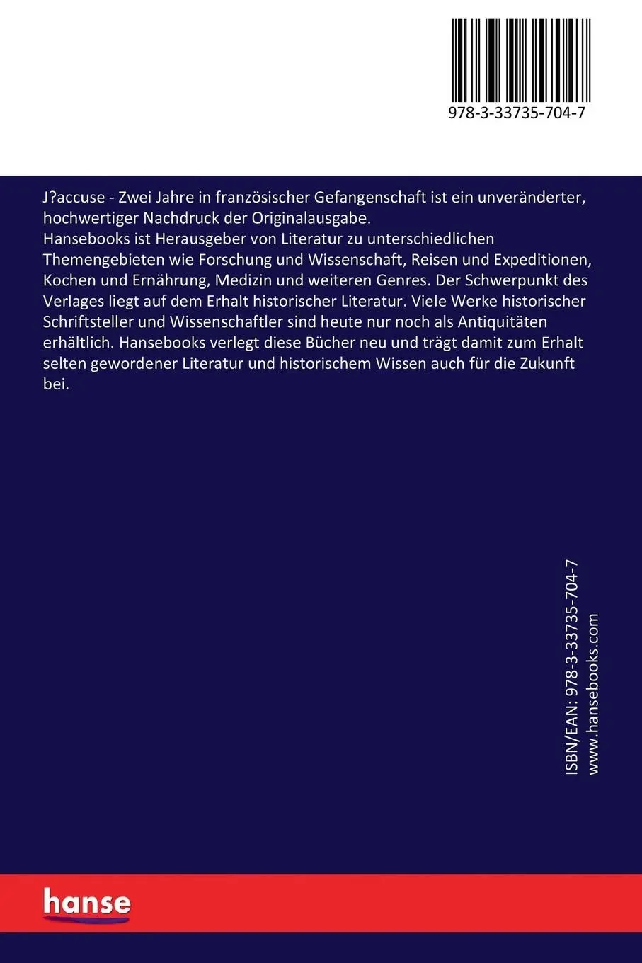 Rückseite: 9783337357047 | J'accuse | Zwei Jahre in französischer Gefangenschaft | Brausewetter