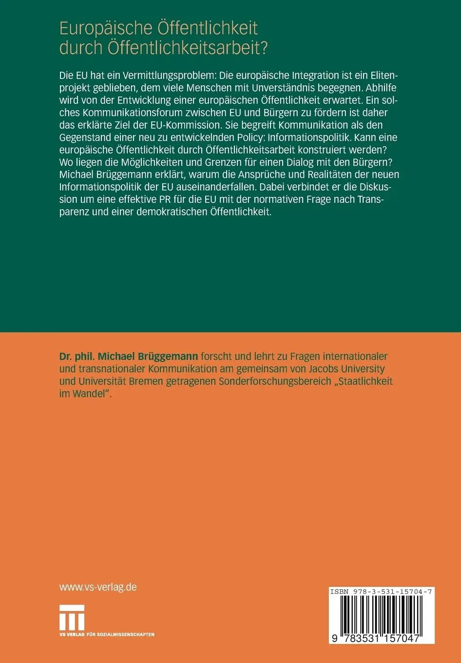 Rückseite: 9783531157047 | Europäische Öffentlichkeit durch Öffentlichkeitsarbeit? | Brüggemann