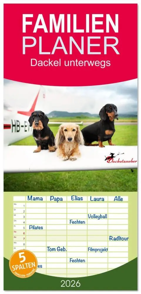 Cover: 9783516607147 | Familienplaner 2026 - Dackel unterwegs mit 5 Spalten (Wandkalender,...
