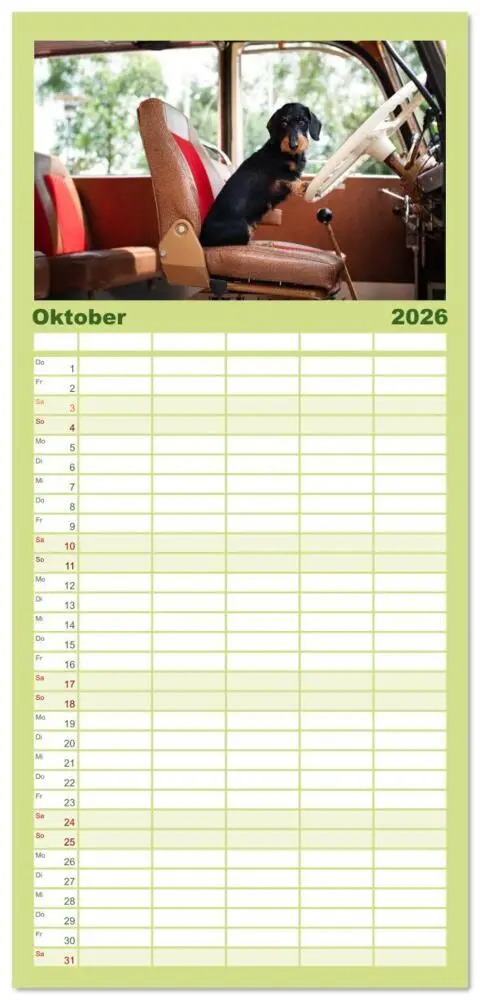 Bild: 9783516607147 | Familienplaner 2026 - Dackel unterwegs mit 5 Spalten (Wandkalender,...
