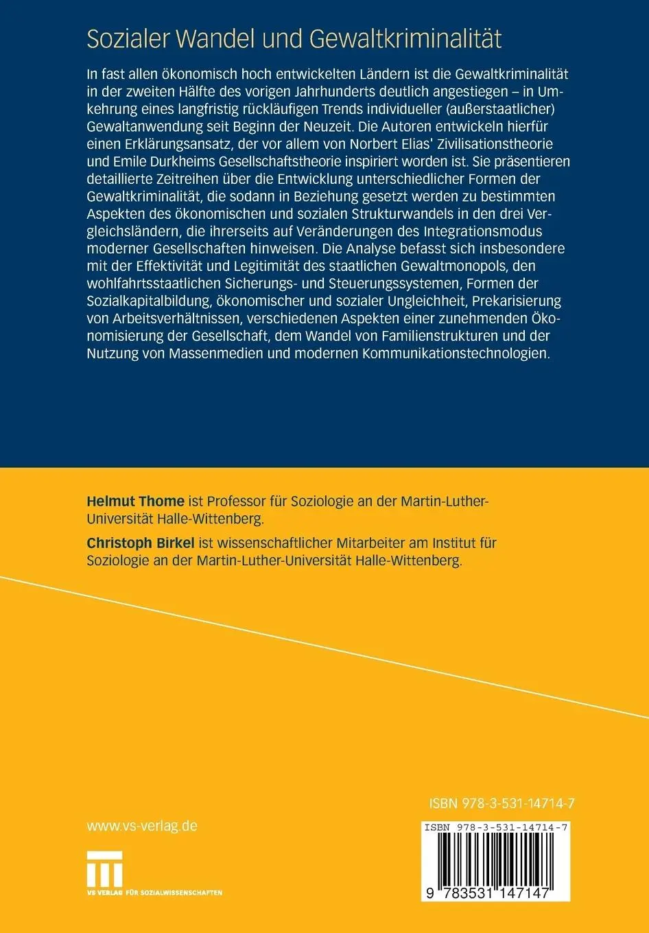 Rückseite: 9783531147147 | Sozialer Wandel und Gewaltkriminalität | Helmut Thome (u. a.) | Buch