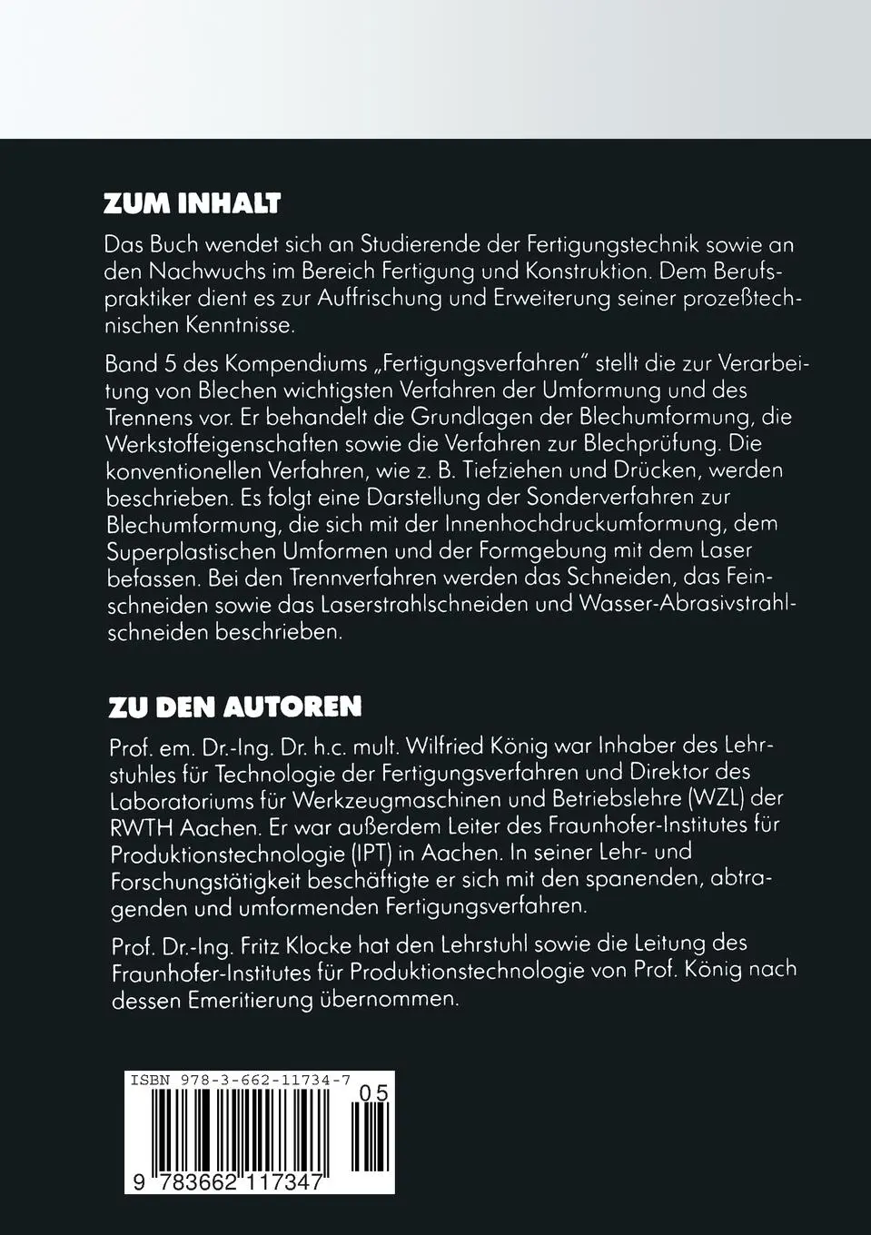 Rückseite: 9783662117347 | Fertigungsverfahren | Blechbearbeitung | Wilfried König | Taschenbuch
