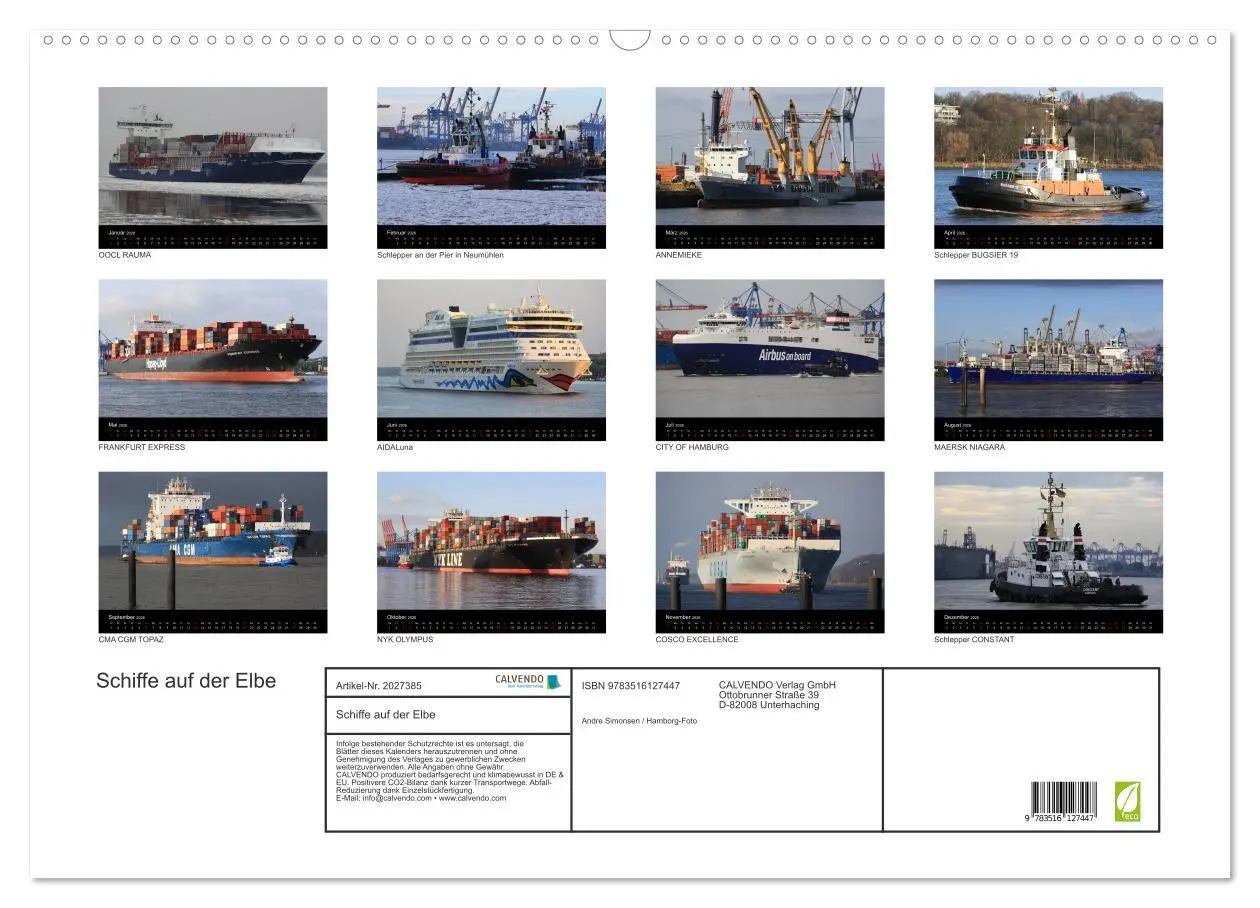 Bild: 9783516127447 | Schiffe auf der Elbe (Wandkalender 2026 DIN A2 quer), CALVENDO...