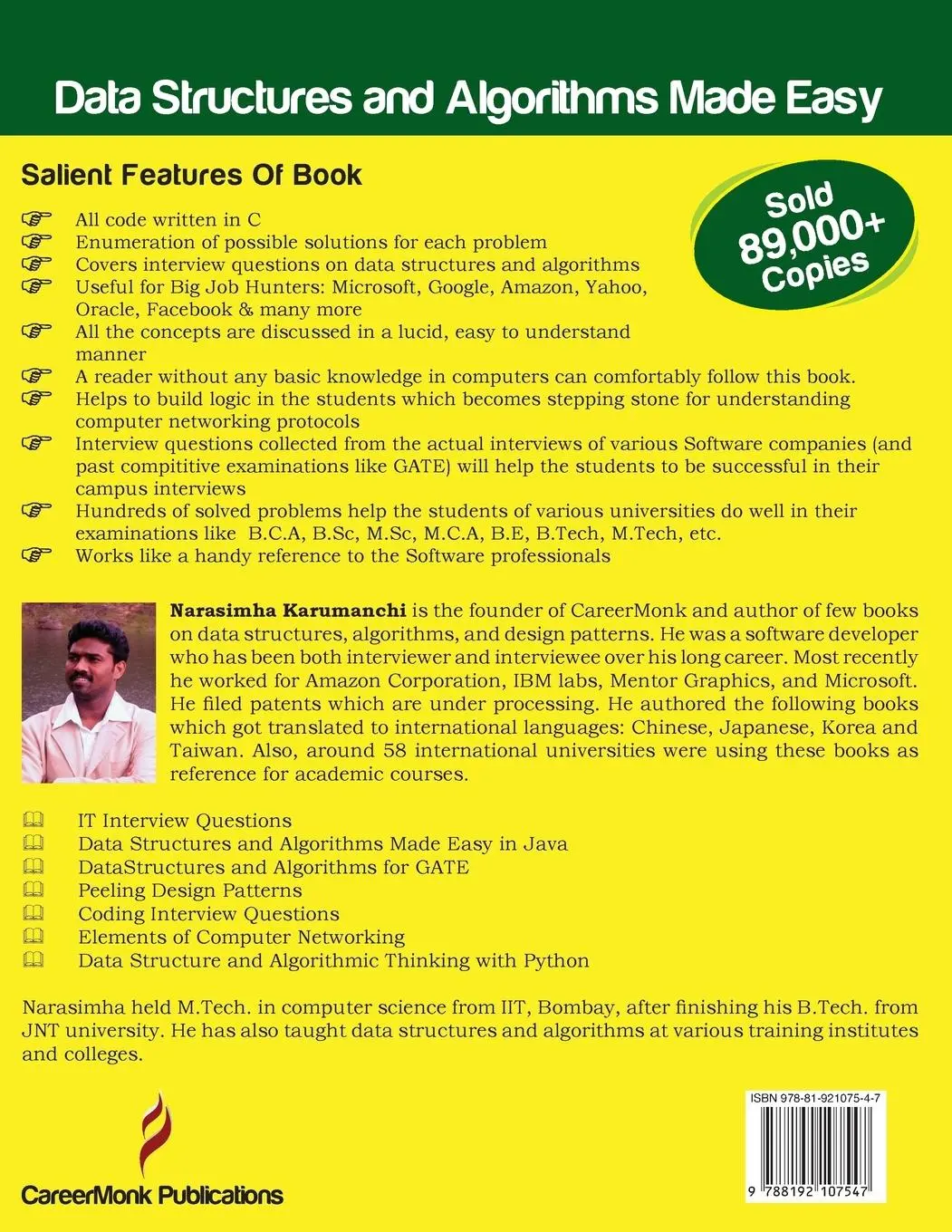 Rückseite: 9788192107547 | Data Structures and Algorithms Made Easy | Narasimha Karumanchi | Buch