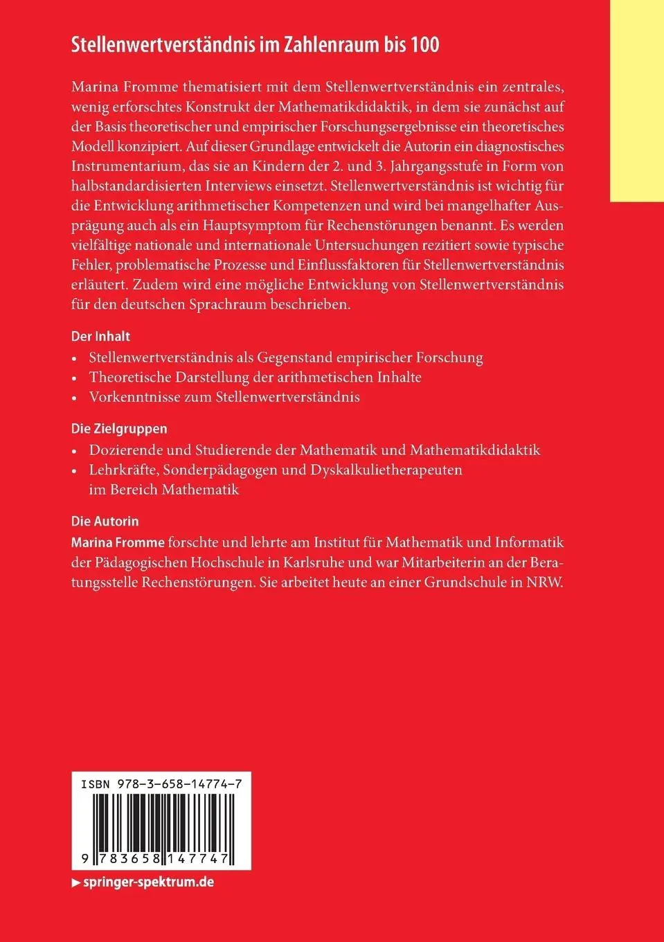Rückseite: 9783658147747 | Stellenwertverständnis im Zahlenraum bis 100 | Marina Fromme | Buch