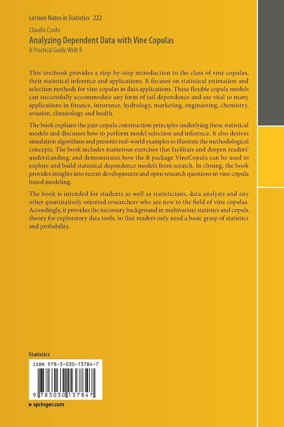 Rückseite: 9783030137847 | Analyzing Dependent Data with Vine Copulas | A Practical Guide With R