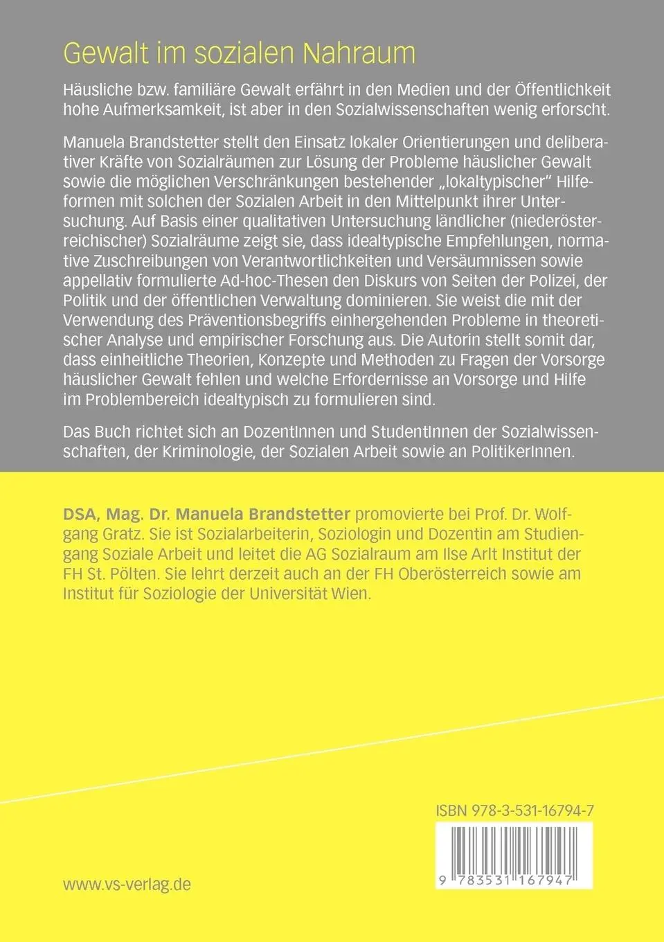 Rückseite: 9783531167947 | Gewalt im sozialen Nahraum | Manuela Brandstetter | Taschenbuch | 2009