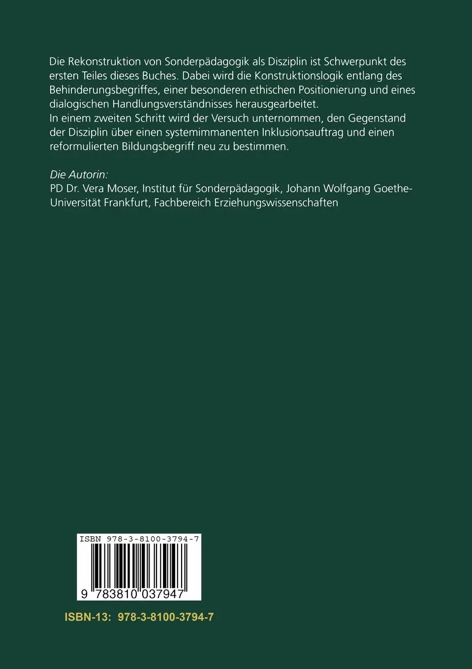 Rückseite: 9783810037947 | Konstruktion und Kritik | Sonderpädagogik als Disziplin | Vera Moser